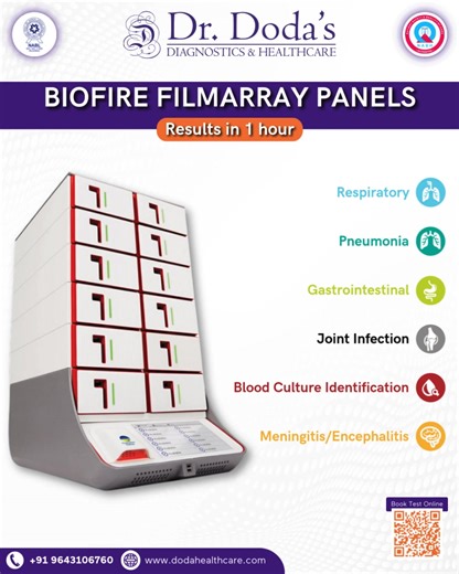 Introducing BIOFIRE FILMARRAY PANELS at Dr. Doda’s Diagnostics. Results in an Hour BioFire FilmArray panels are rapid, multiplex PCR tests that quickly identify multiple pathogens bacteria, viruses, parasites, yeasts and antimicrobial resistance genes from a single patient sample. -Respiratory -Pneumonia -Gastrointestinal -Joint Infection -Blood Culture Identification -Meningitis/Encephalitis Dr. Doda's Diagnostics & Healthcare is your ultimate destination for complete healthcare, providing a si