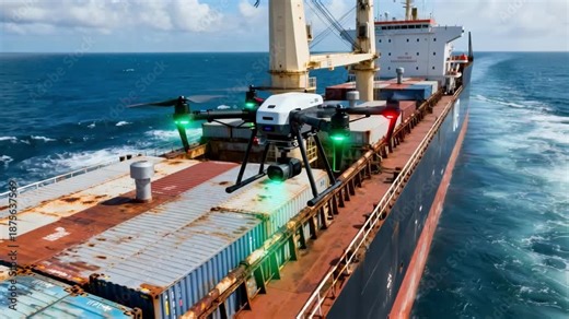 Automated drone performing a multispectral scan over a large cargo ship capturing detailed vessel structure and material conditions with advanced sensors.