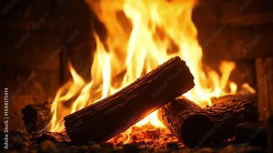 Close-up of fire crackling over logs in a cabin fireplace, cinematic low light