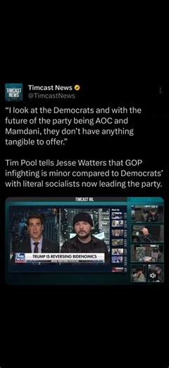 Timcast IRL on Instagram: "“I look at the Democrats, and with the future of the party being AOC and Mamdani, they don’t have anything tangible to offer.” Tim Pool tells Jesse Watters that GOP infighting is minor compared to Democrats’, with literal socialists now leading the party."