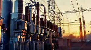 High-voltage power station at sunset, featuring transformers, electrical infrastructure, and industrial energy production.