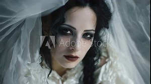 Spooky corpse bride with dark makeup and a white veil looking directly at the camera. Creepy and melancholic character for a halloween horror scene, representing a ghostly or undead figure