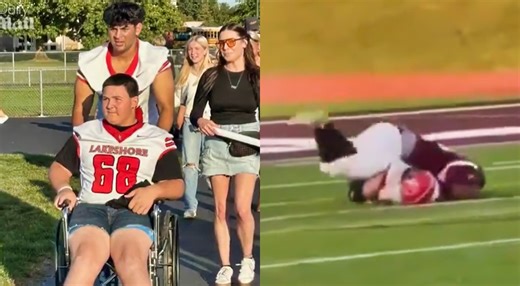 "Brave" Kid Who Suffered 2 Spinal Fractures From Opponent's Dirty Belly-Flop Makes Shocking Appearance At Game [VIDEO]