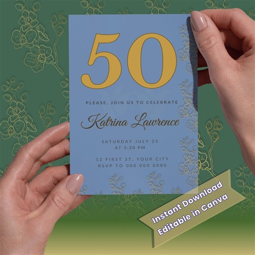 50th Birthday Invitation Template | Gold Floral Canva Party Invite (digital Download) - Etsy