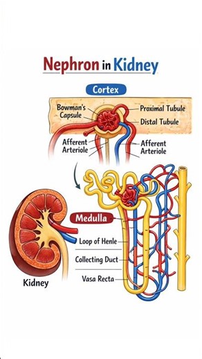Nephron in Kidney Explained | Cortex & Medulla Diagram 🧠🩺 #Nephron #Kidney #Biology #Anatomy