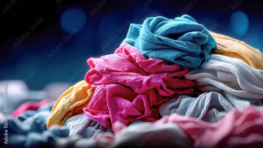 Large pile of colorful textile fabric waste symbolizing fast fashion pollution, recycling challenges, and sustainable clothing industry issues