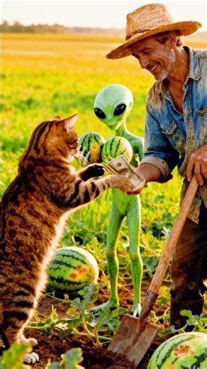 Brown Tabby Cat & Green Alien Visit Watermelon Farm