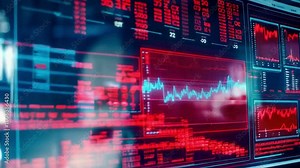 Close-up of a computer monitor displaying a futuristic control panel with various data charts and numbers Stock Video