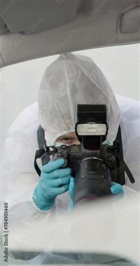 Crime scene, photographer or evidence with investigation, forensic, pictures or observation in car for accident. Murder, vehicle or research analysis with science, csi or photography with specialist