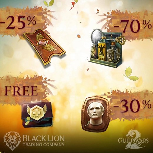 The #GuildWars2 Black Friday sales begin now in the BLTC! For the next 24 hours, Total Makeover Kits are 70% off (1 per account), Character Slots are 30% off, & Black Lion Instant Level 80 Tickets are 25% off. There's also one free Build Template Expansion per account! | Guild Wars 2