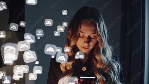 Woman uses phone while glowing icons float around her in digital space. Focus stays on screen as apps and social connections fill network. Digital screen reflects technology and apps around woman