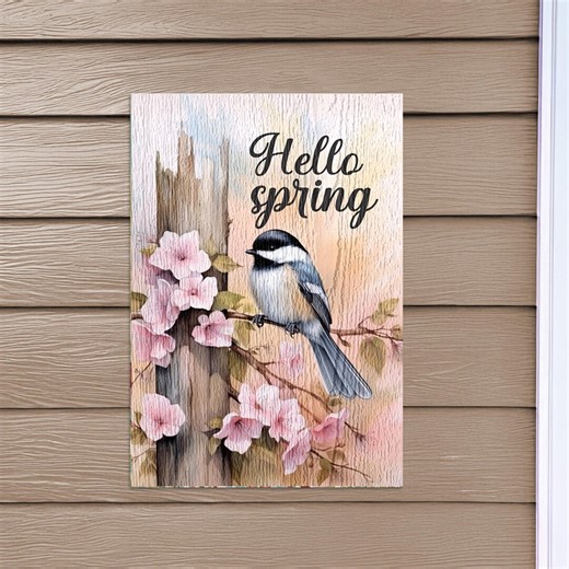 Chickadee Hello Spring Sign, Floral Bird Porch Decor, Outdoor Welcome Wall Art - Etsy