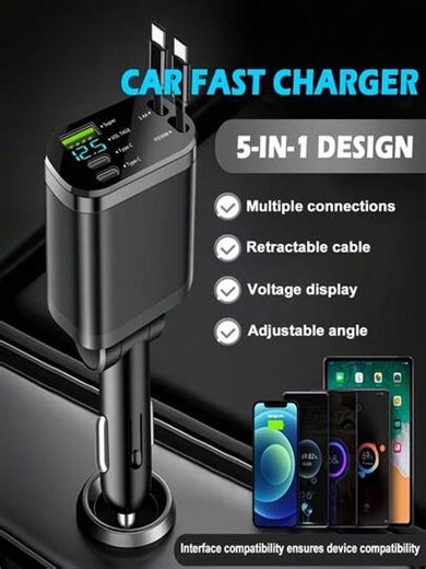 2026 Model: All-New Upgraded 5-In-1 Fast Car Charger, Featuring Dual Type-C And USB Ports, Built-In Voltage Display, Compact Design, Suitable For Smartphones, Easy To Use. Equipped With Male-Female Connection, Operates Through Standard Car Power Socket (Working Voltage ≤36V). Ideal For Use During 11 Major Holidays, This Multifunctional Accessory Is The Perfect Choice For Year-Round Automotive Gifts. | SHEIN