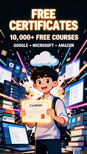 Surya Singu on Instagram: "10,000+ FREE Courses with Certificates 🤯 Google. Microsoft. Amazon. All offering FREE courses with certificates — from beginner to advanced. Upskill. Get certified. Pay ₹0. 👇Comment your favourite "emoji" and I’ll send the link. #freecourses #certificates #google #microsoft #amazon"