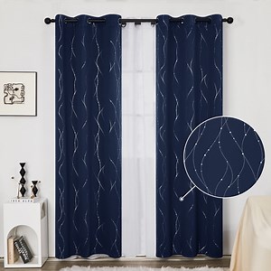 Deconovo Silver Printed Blackout Curtains - 2 Panels, Wave Dots Pattern, Grommet Top, 42"x63", Thermal Insulated Drapes for Bedroom & Living Room, Navy Blue