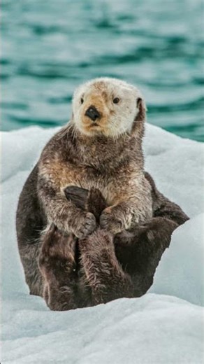 Alaskan sea otter (Enhydra lutris)resting on ice. Known for their dense fur and buoyant nature#viral