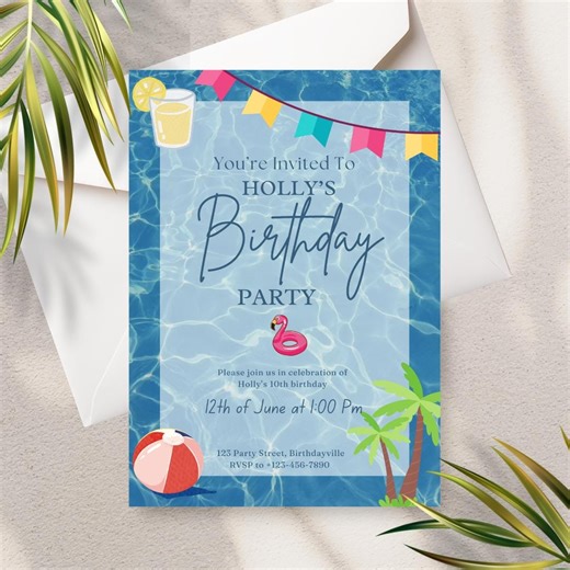 Colourful Pool Party Invitation Template, Editable Canva Summer Flamingo Printable Birthday Invite Set - Etsy