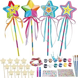 Gamerside 12 Sets Make Your Own Wooden Princess Wand Craft Kit, Fairy Wands Kit Include Fairy Wands, Gems Stickers, Paint & Ribbons Decorate Art DIY Magical Show for Party Supplies for Girls Gifts