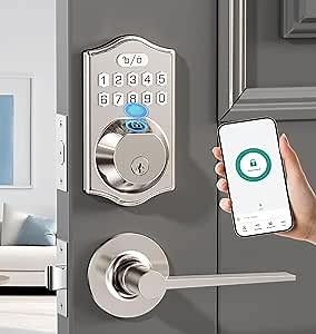 keyless Entry Door Lock deadbolt with Handle Set- Front Door Fingerprint Smart Locks with 2 Lever Handles-Keypad Code Deadbolt -App Control,Auto Lock,Easy to Install