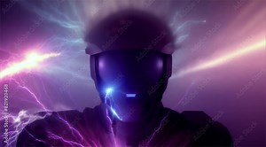 Futuristic DJ in action at a night concert, blending science fiction and technology with a robotic helmet and vibrant lights