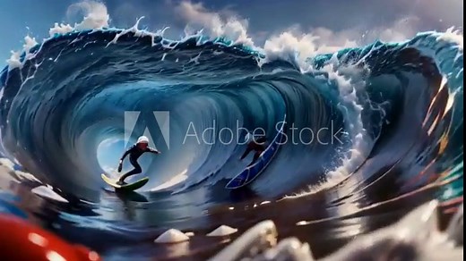 surfing in a windy weather, big waves, looping cartoon animation