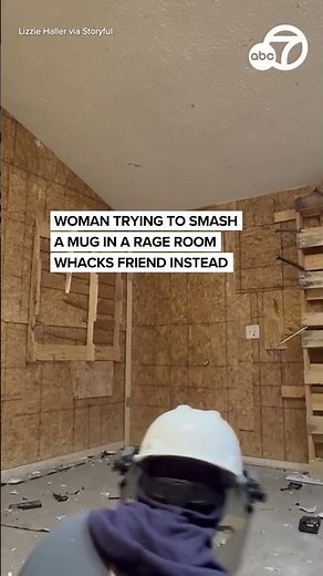 Woman trying to smash a mug in a rage room whacks friend instead