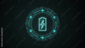 Motion graphic of Blue digital battery logo with rotation HUD circle technology interface and futuristic elements abstract background