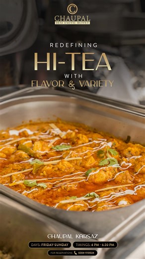 The perfect end to your days, now experience Hi-Tea at Karsaz! Hi-Tea is available on Fri-Sun at 4PM-6:30PM For Reservations at Karsaz call 0304-1110024, 0300-3716888, 0300-8985222 To make your Reservations online inbox us #ChaupalKarsaz #HiTea Gol Gappay | Chaat | Dumplings | Cupcakes | Sandwiches | Tikka Boti | Sliders | Hummus | Hi-Tea | Karsaz | Chaupal Desi Exotic Buffet