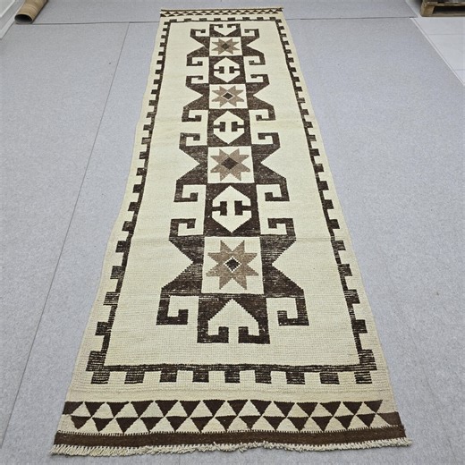 Vintage Rug Runner 4x12, Cream Brown Tribal Wool Hallway Carpet, Herki Turkish Runner, Hand Knotted Geometric Star Motif - Etsy