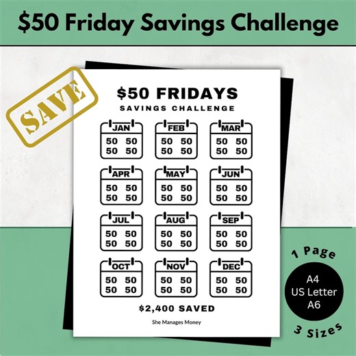 2026 Friday Savings Challenge Printable | Save 50 Dollars Weekly Each Friday | Save 2400 Dollars in 52 Weeks | TGIF Money Saving Tracker PDF - Etsy