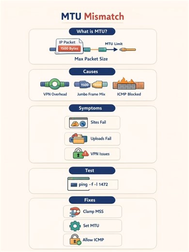🔥 MTU Mismatch Maximum Transmission Unit Explained Simply CCNA Networking Basics MTU Mismatch explained simply! 🚀 In this short and clear video, you’ll learn what MTU is, why MTU mismatches happen, and how they break websites, VPNs, and large data transfers. We’ll cover real-world symptoms, how to detect MTU problems, and the easiest ways to fix them using MSS clamping, proper MTU settings, and PMTUD concepts. Perfect for CCNA students, networking beginners, and IT professionals who want a fas