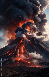 volcano eruption with massive high bursts of lava and hot clouds soaring high into the sky, pyroclastic flow in asia
