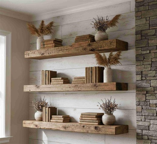 Rustic Farmhouse-style Reclaimed Wood Floating Shelves - Etsy