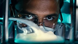 Researcher using microscope in dimly lit laboratory