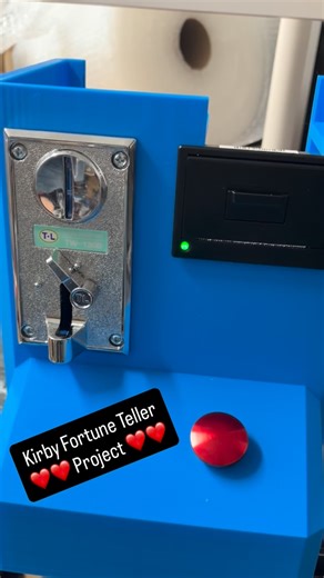 Inspired by a Furby Fortune telling machine I recently saw on TikTok by @ratking.TikTok - I’ve been working on my own little raspberry pi project. While this is far from final it’s coming along and this is a big milestone point as it has a (partial) body. It takes quarters and operates smoothly . The next step is going to be sound and possibly light (I’m thinking a Kirby with a little fortune ball on top. And other visual stickers. Currently it prints out one of 74 random Kirbs , a personality ,