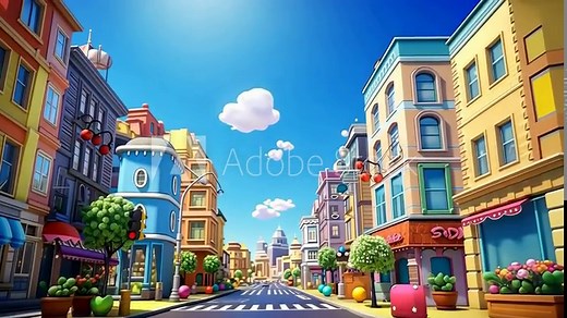 Colorful cartoon city street with a wide-angle view, vibrant buildings, and playful design, perfect for an animated video backdrop.