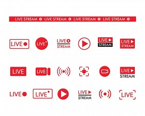 Download Set of live streaming icons. Set of video broadcasting and live streaming icon. Button, red symbols for TV, news, movies, shows for free