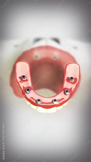 Advanced implant-supported denture(Full Mouth).Medically accurate prosthodontic smart denture conceptual 3D animation.