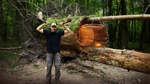 🌲 Building a Warm & Cozy Hollow Shelter at the Root of a Fallen Spruce | Bushcraft Rebuild for Survival | Armani Aufderhar