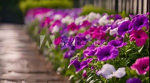 A row of colorful petunias blooming in a garden, raindrops shimmering on their petals