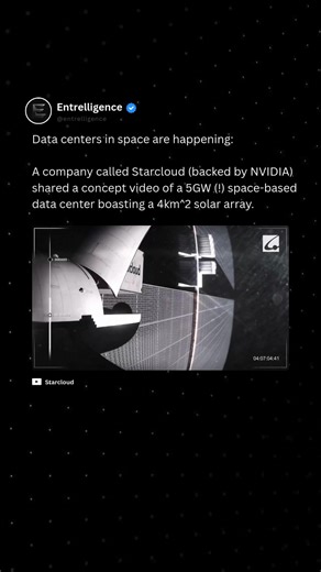 #SPACE: 🛰️Starcloud Unveils Ambitious 5GW Orbital Data Center Concept Powered by Massive 4km² Solar Array Starcloud, a NVIDIA-backed startup, revealed a concept for a 5GW orbital data center in a sun-synchronous orbit, featuring a sprawling 4km² solar array for continuous energy generation and radiative cooling. The design, highlighted in an animation showing satellite deployment and in-space assembly, aims to overcome terrestrial data center challenges such as high electricity costs and heat m