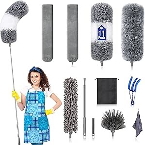 Microfiber Duster Kit (11PCS) - Washable Dusters with Extension Pole (30 to 100 in) for Cleaning Ceilings, Fans, Furniture