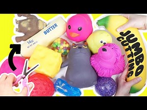 JUMBO GIANT Squishies, Slime, Plushies Cutting Mixing Together into One Bowl!
