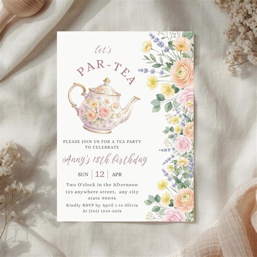 Floral Tea Party Birthday Invitation, Editable Par-tea Invite, Garden Tea Party Invite Printable, High Tea Canva Template, Digital Download - Etsy