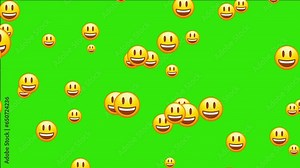 Dimpled smile emoji. Happy smiling emoticon, wide smiled yellow face. Animated falling emojis Social media icons symbol animation with green screen background. Stock Video