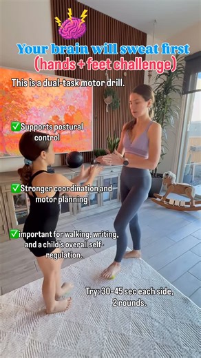 Child Posture Specialist | Valgus & Flat Feet on Instagram: "This is a dual-task motor drill. When kids coordinate feet + hands at the same time, the brain has to organize posture, balance, and fine-motor control together. That improves motor planning, coordination, and whole-body control. This is important for walking, writing, and a child’s overall self-regulation. Should I post more “brain + body teamwork” games like this?"