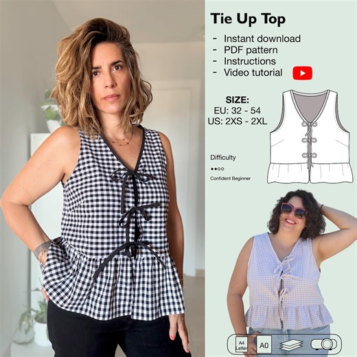 Women Tie Front Ruffle Top PDF Sewing Pattern, Easy Top Pattern, Kimono Top, Ruffle Top, Tie up Top, Summer Top Pattern, Youth and Teen Top - Etsy