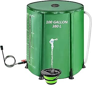 100 Gallon Collapsible Rain Barrel, 380L Water Storage Tank with Scale Mark for Garden Plant Watering, Farm Irrigation, XL Rainwater Collection System with Spigots, Overflow Kit, Hoses