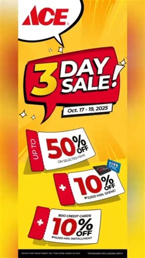 7.4K views · 78 reactions |  Mark your calendars! The ACE 3-Day Sale is happening October 17–19, 2025 — three days of unbeatable deals on tools, outdoor gear, and home essentials.  Don’t miss out — shop in-store and score big savings before they’re gone. See you at ACE Hardware LGF SM City Bacoor! ️ #ACEHardwarePH #ACEHelpful | SM City Bacoor | Facebook