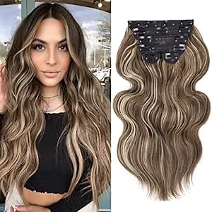 BHF 20 inch Wavy Clip in hair Extensions Full Head Synthetic Thick Hair Piece for Women 6pcs Double Weft Long Curly Hair Extensions（ Brown Mixed Ash Blonde）